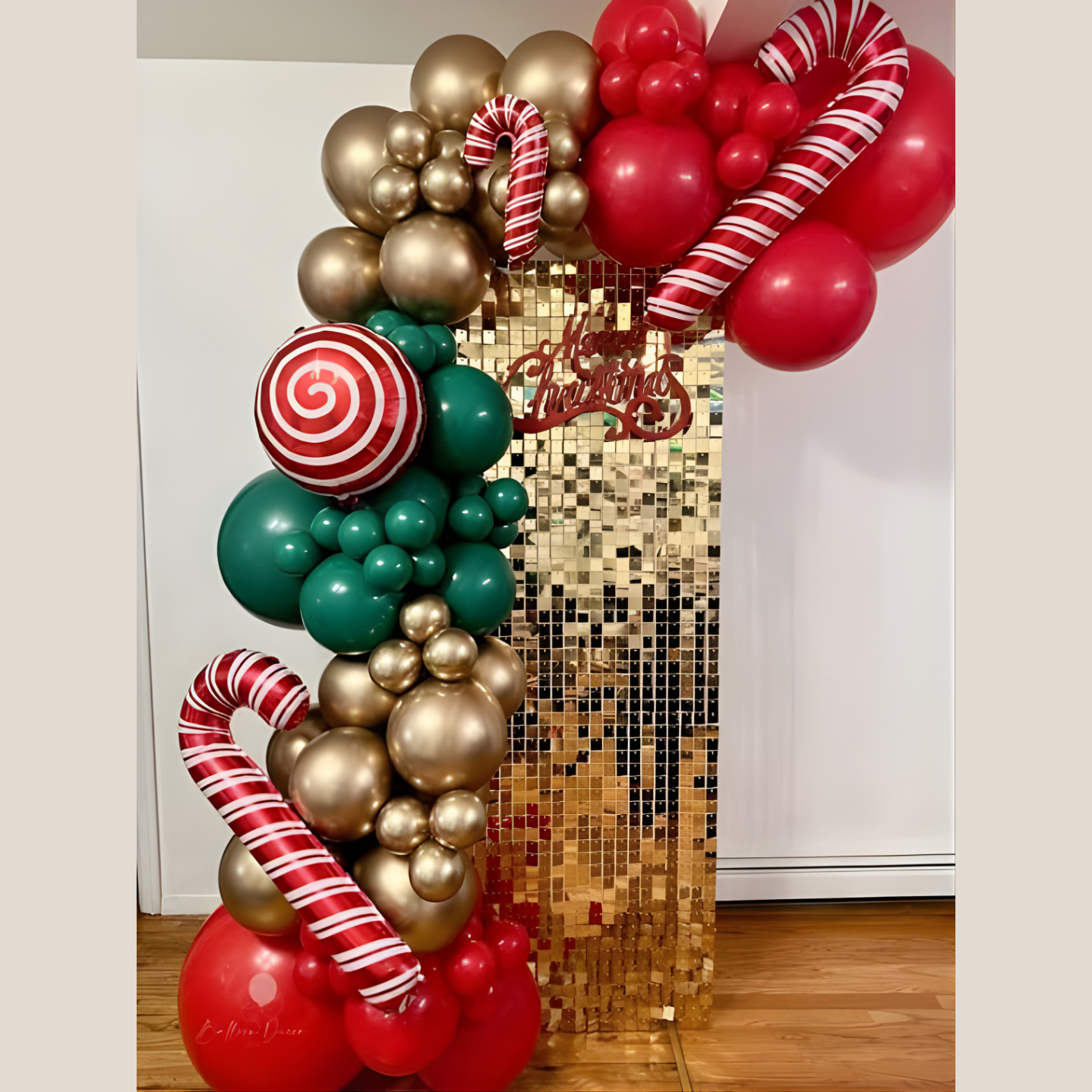 Candy Cane Christmas Balloon Display with Golden Shimmer Wall